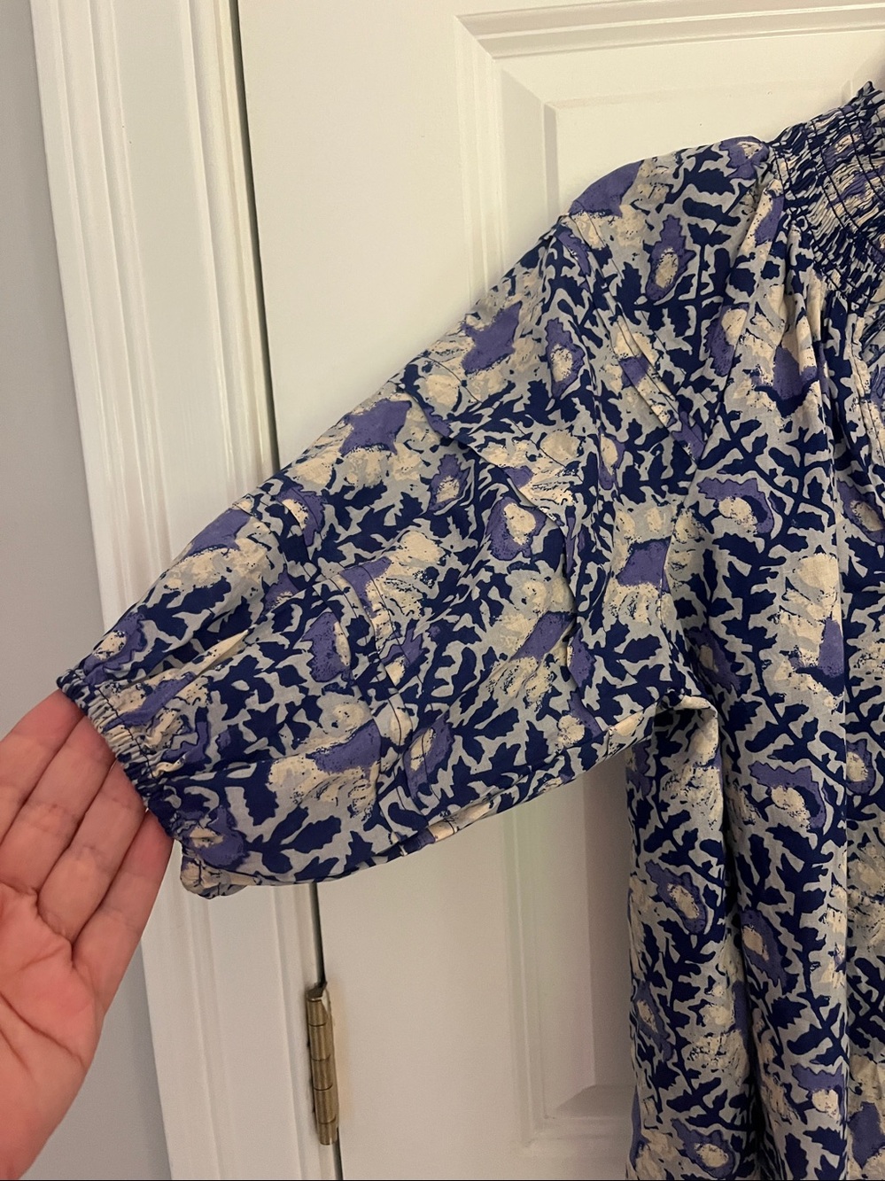 Free People Blue and Cream Floral Smocked Peasant Top - Picture 3 of 3